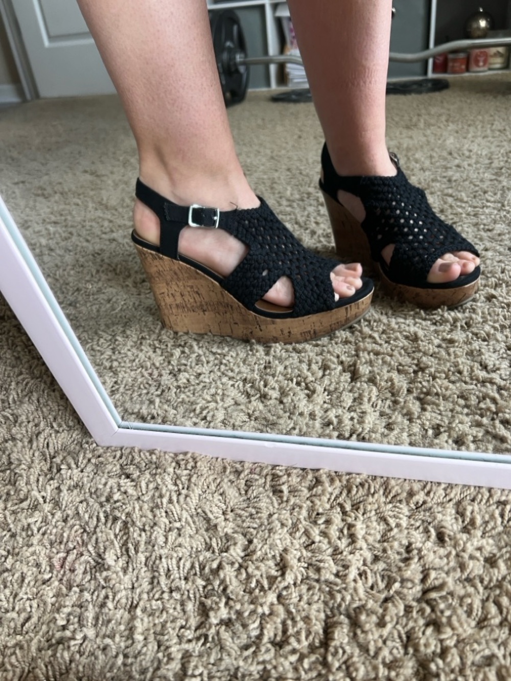 SO Black Crochet Cork Platform Wedge Sandals